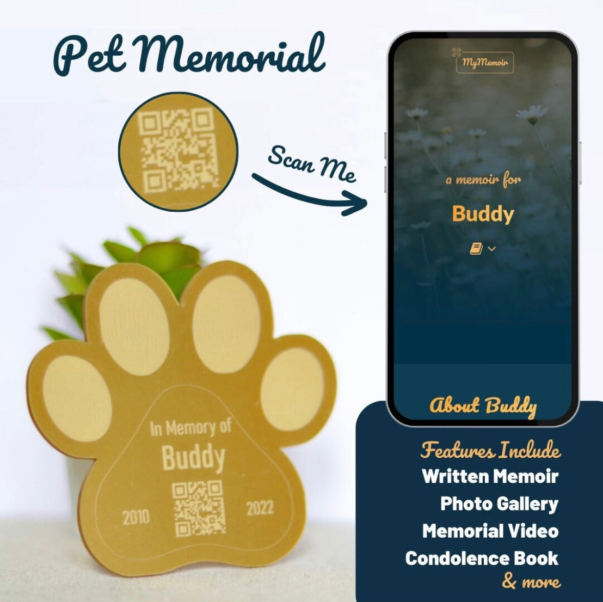 Pet Memorial Plaque & QR Code Memorial Page | Share Stories, Photos, Video, Facts and More | Bereavement Gift for Loss of Pets | Gold/Paw - MyMemoir